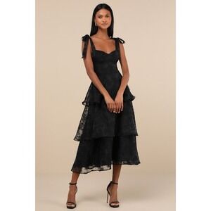 Lulus Glamorous Sweetie Black Burnout Tie-strap Bustier Midi Dress - Size M